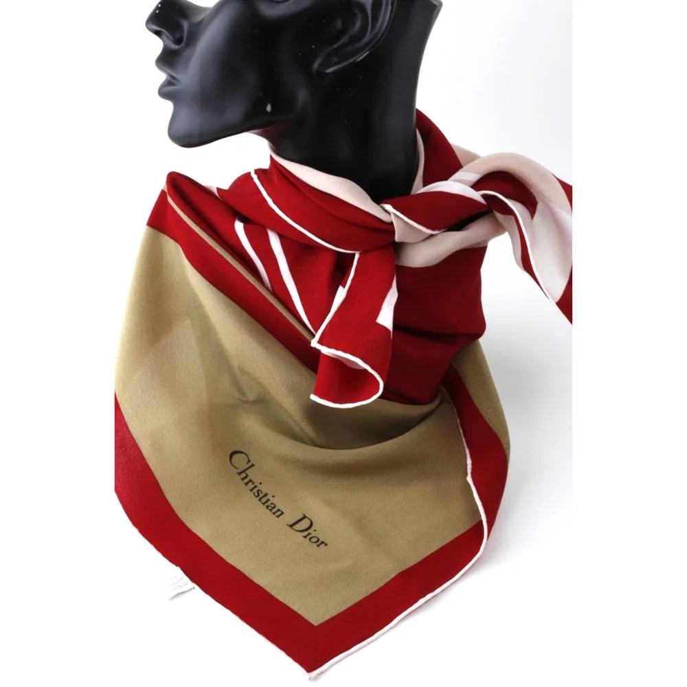 Vintage Christian Dior Silk Square Scarf Beige Tan Red Border White Stripe Logo